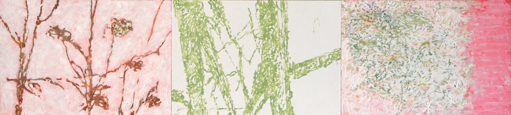 drieluik II, olieverf op 3 panelen in notenhouten lijst, 96x22cm, 2014